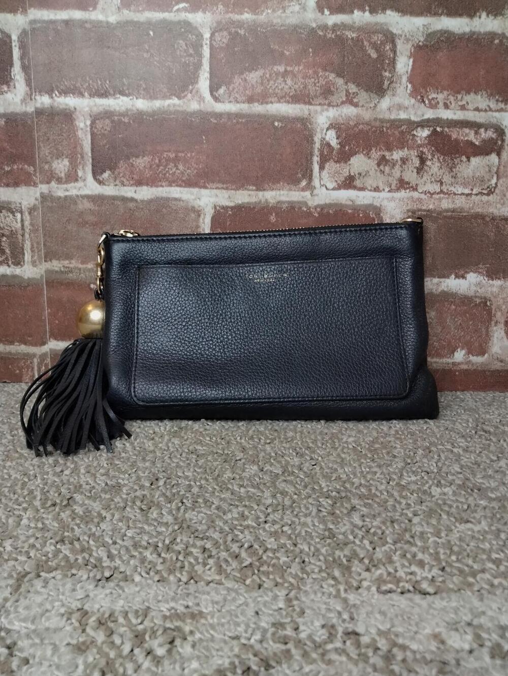 Tory Burch Thea Flat Clutch Pebble Leather Wrislet Black Tassel Gold Hardware